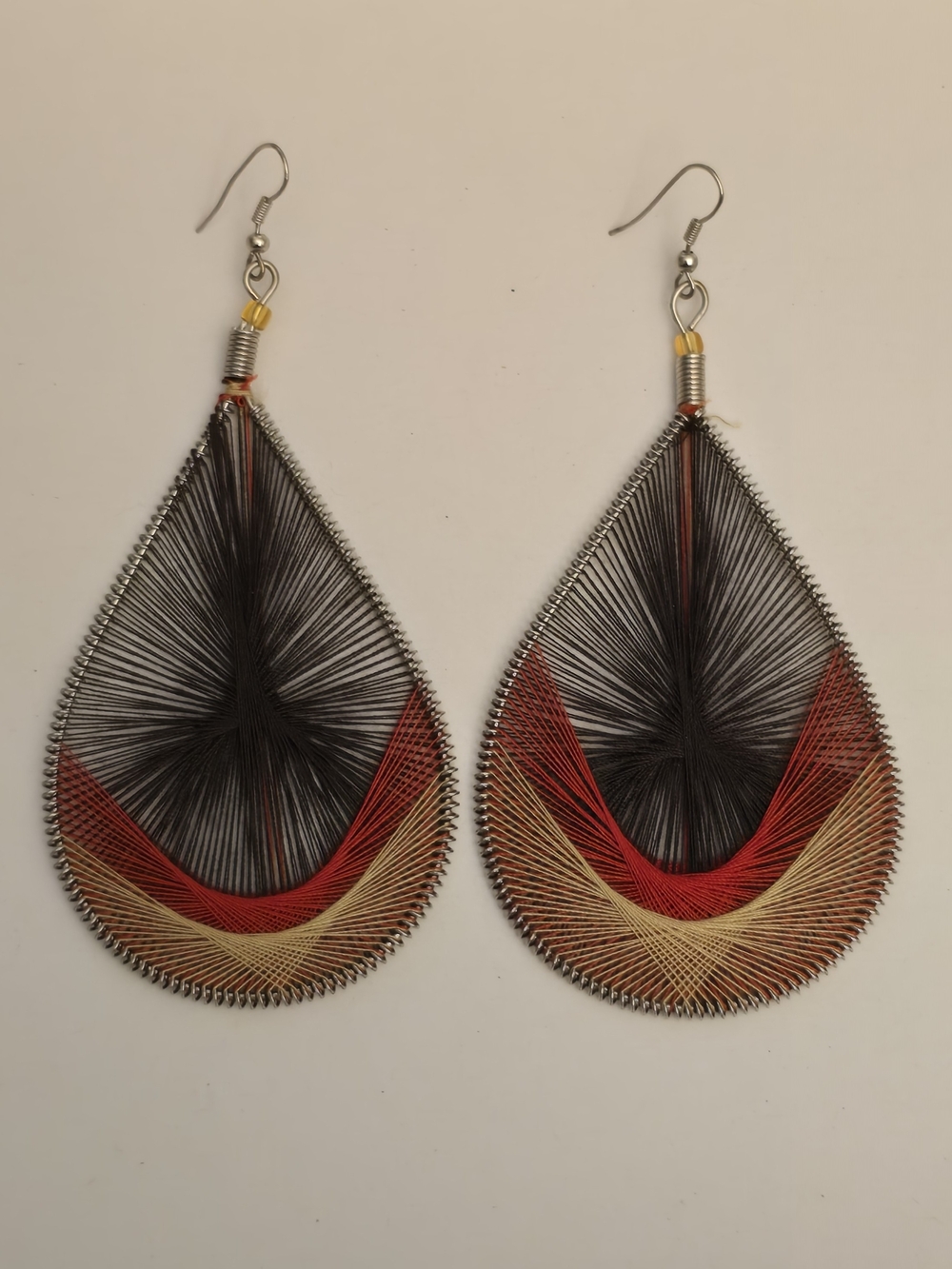 Handmade Woven String Teardrop Earrings - Black Red Beige